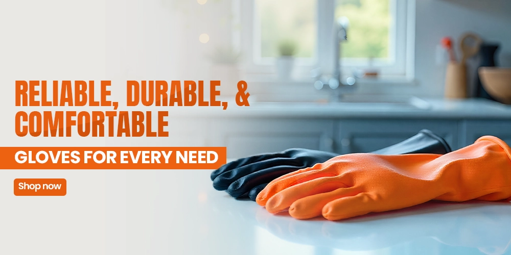 Image featuring reliable, durable, and comfortable cleaning gloves in black and orange, designed for household and professional use.
